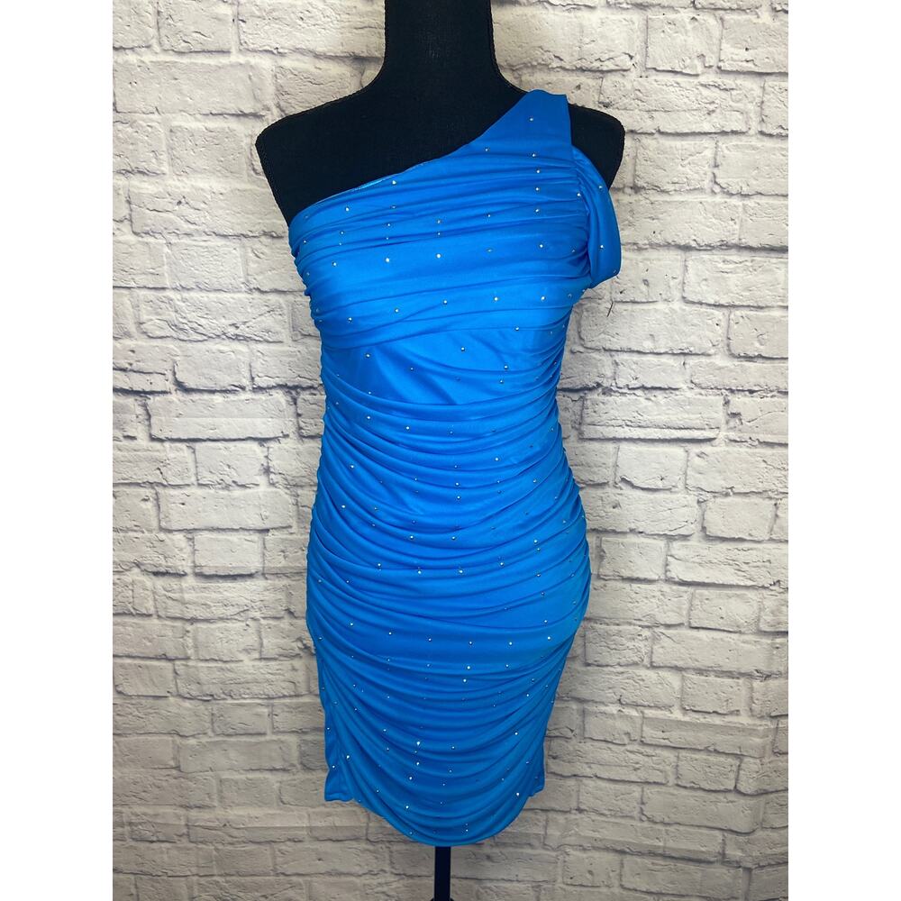Morgan and Co. Royal Blue w/Silver Bodycon 1-Cold Shoulder Mini Dress SZ 1 NWOT